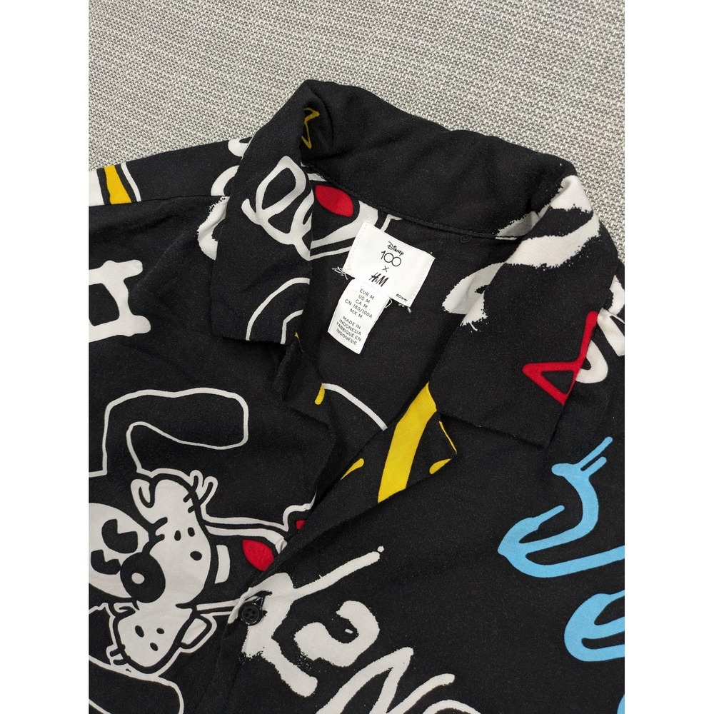 H&M Disney 100 Shirt Mens Medium Black Mickey Donald Short Sleeve Button Up